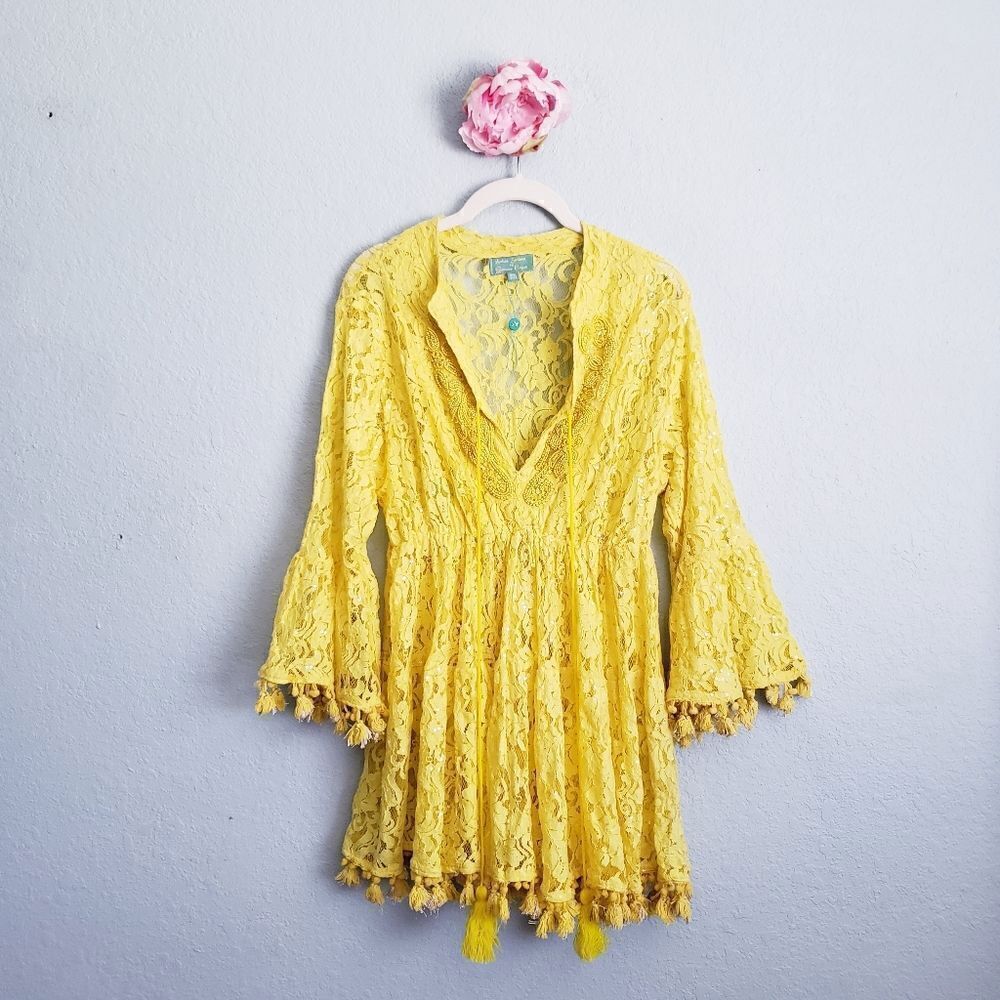 Antica Sartoria by Giacomo Cinque Yellow Lace Beaded Pom Pom Mini Dress